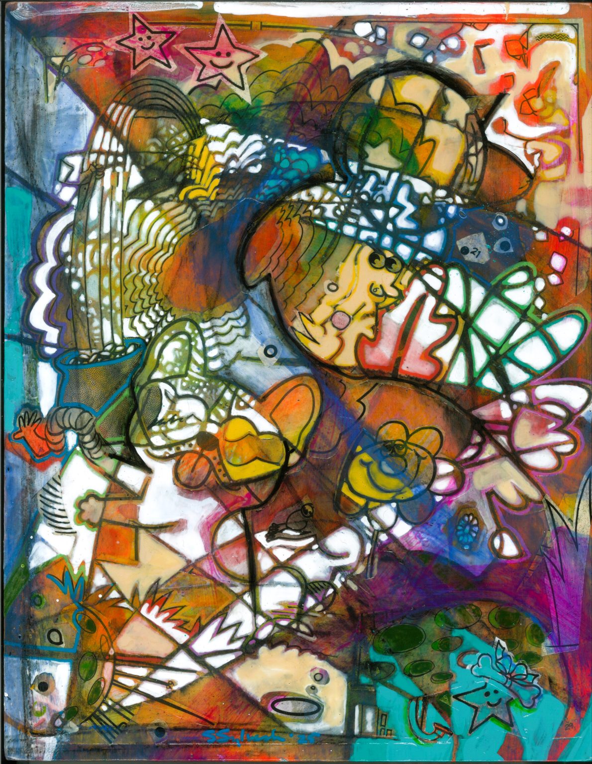 Gallery 1 - Abstract painting with cartoony characters hidden between various lines. such as stars and worm