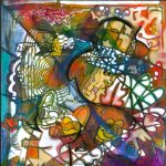 Gallery 1 - Abstract painting with cartoony characters hidden between various lines. such as stars and worm