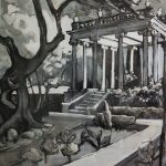 Gallery 2 - black and white painting of a temple view from the yard with a tree on the sides
