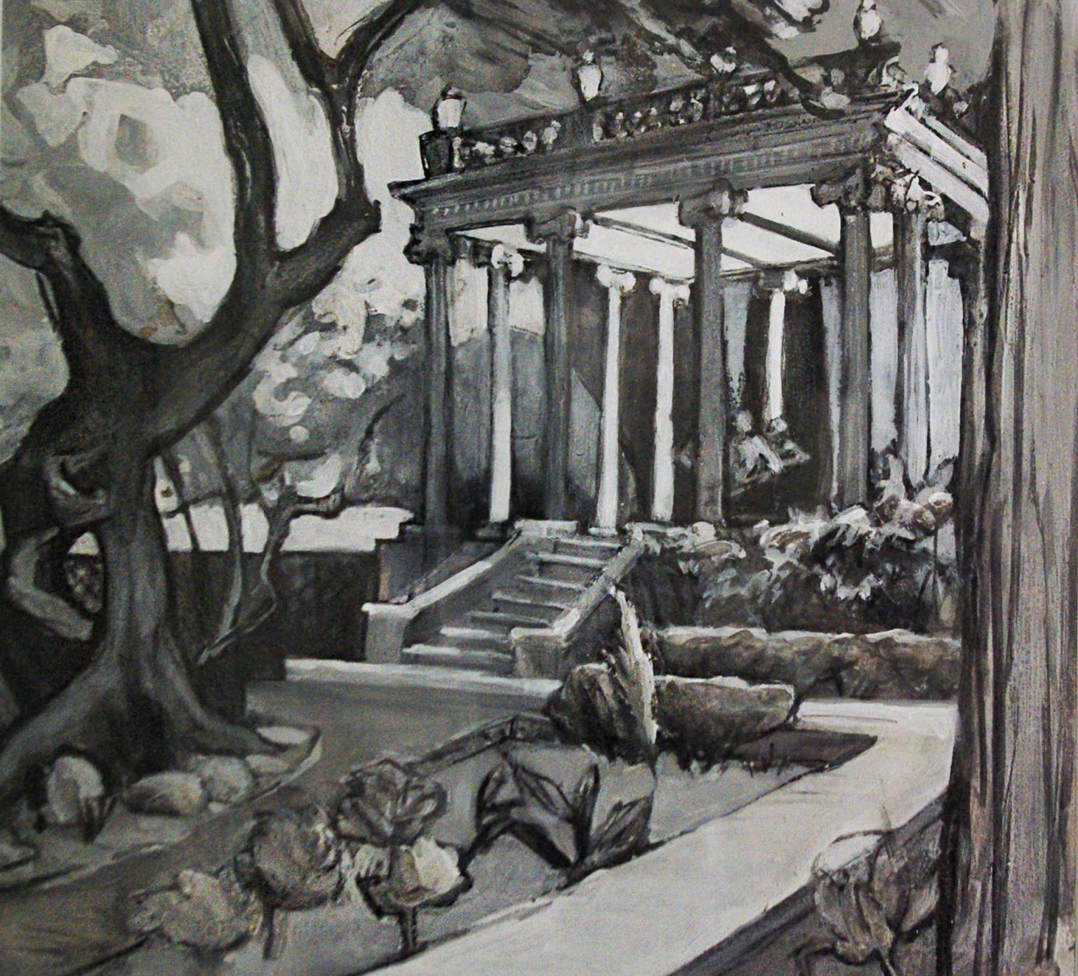 Gallery 2 - black and white painting of a temple view from the yard with a tree on the sides