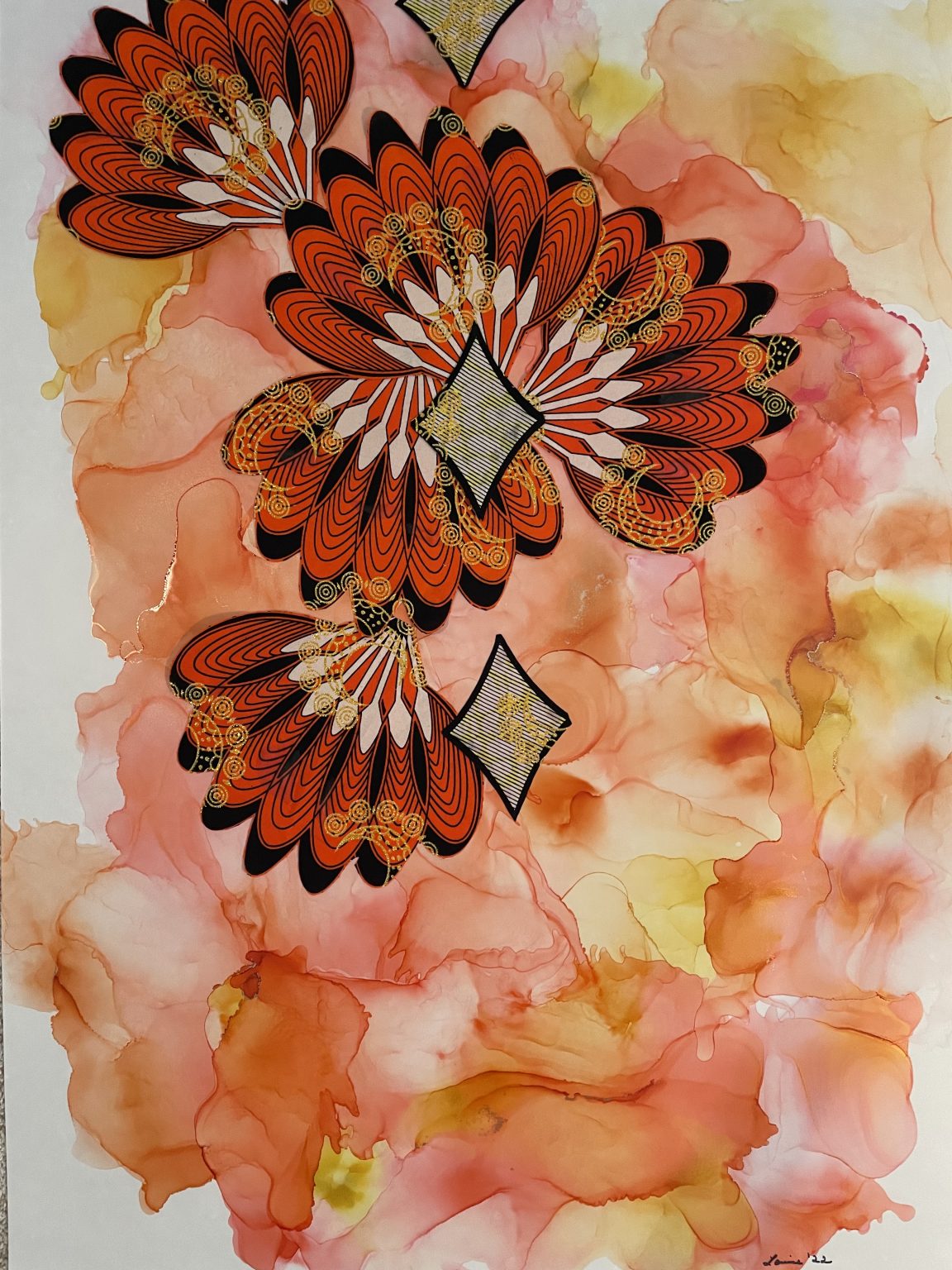 Gallery 3 - orange & yellow alcohol ink with fan shaped African fabric