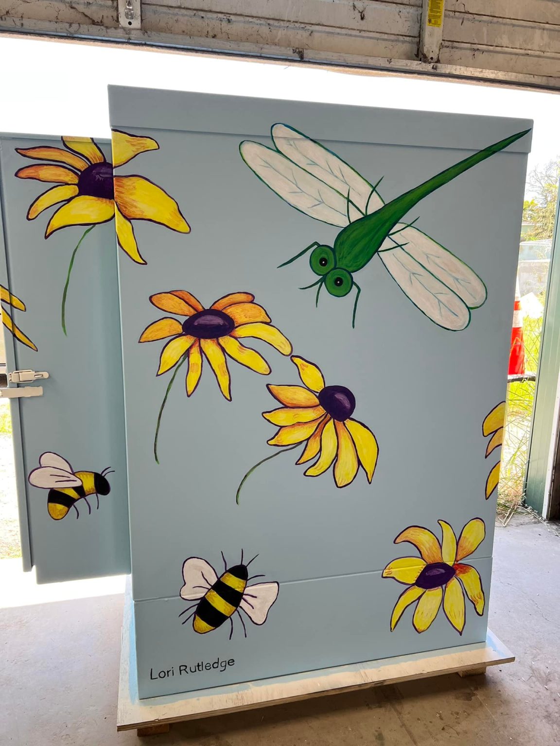 Gallery 3 - Utility Box Art. Dragonfly, Bees and flowers painting
