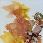 Gallery 5 - Yellow and orange alcohol ink with Parrot of Japanese fabric