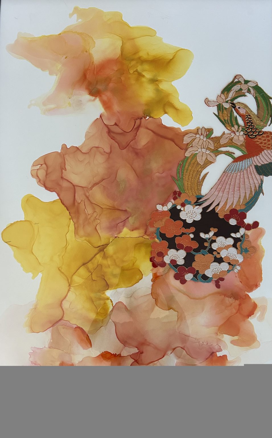 Gallery 5 - Yellow and orange alcohol ink with Parrot of Japanese fabric