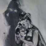 Gallery 7 - black and white painting of a woman in swimsuit embracing a man's head and resting her head on his near a wall with her shadow on it