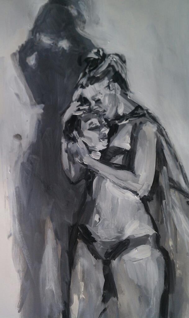 Gallery 7 - black and white painting of a woman in swimsuit embracing a man's head and resting her head on his near a wall with her shadow on it