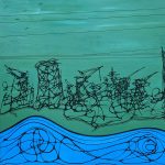 Gallery 8 - pastel and ink drawing of cityscape and powerlines and green sky with blue water at the bottom with birds flying on the top left corner