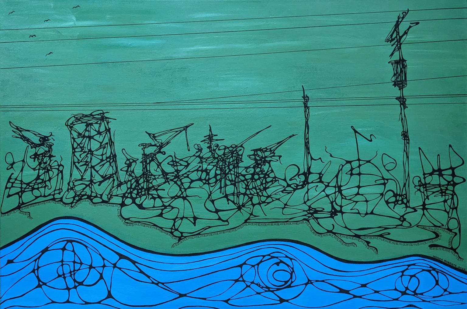 Gallery 8 - pastel and ink drawing of cityscape and powerlines and green sky with blue water at the bottom with birds flying on the top left corner