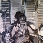 Gallery 8 - black and white painting of a lady sitting on a single seat sofa with a head shaped mug on her right side