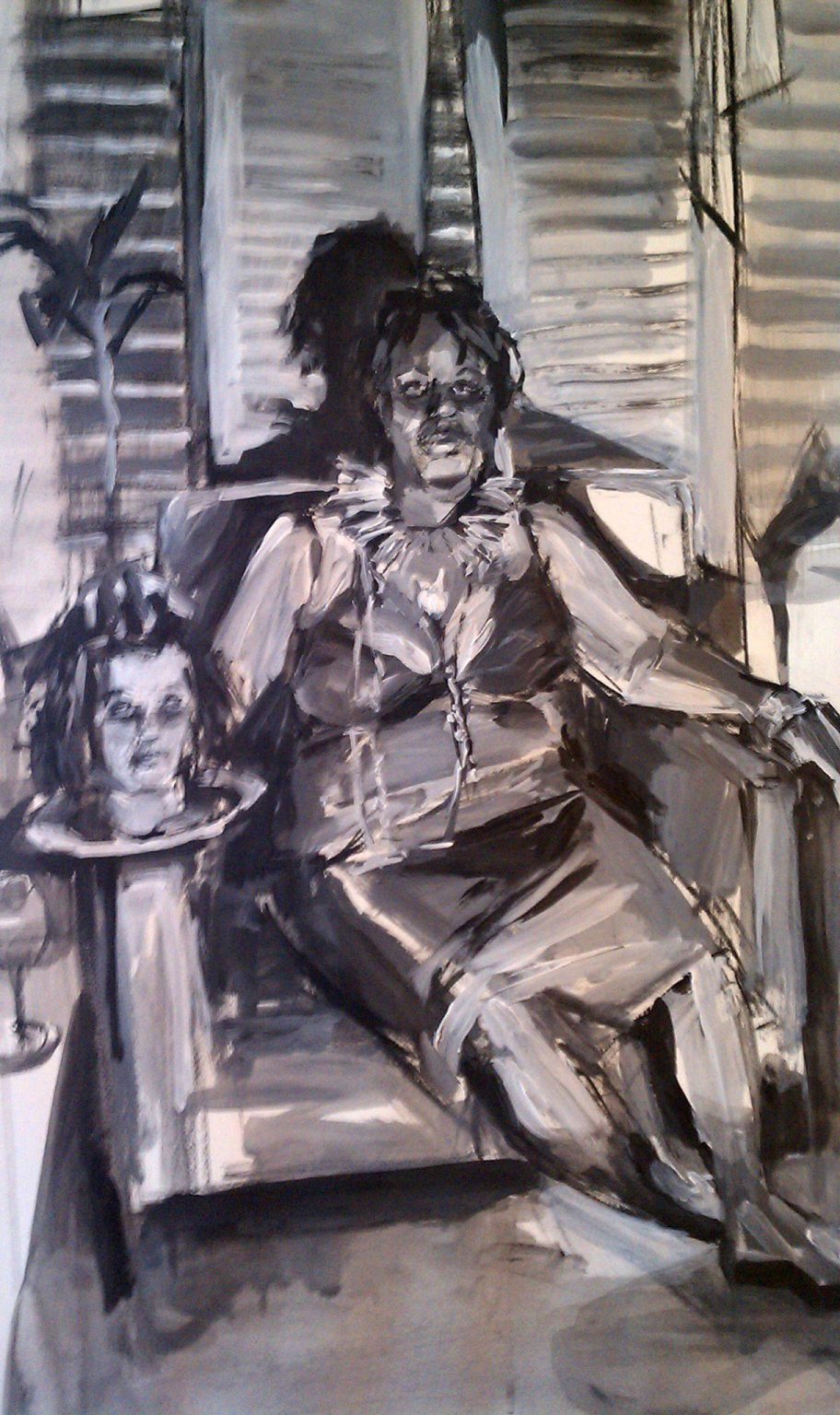 Gallery 8 - black and white painting of a lady sitting on a single seat sofa with a head shaped mug on her right side