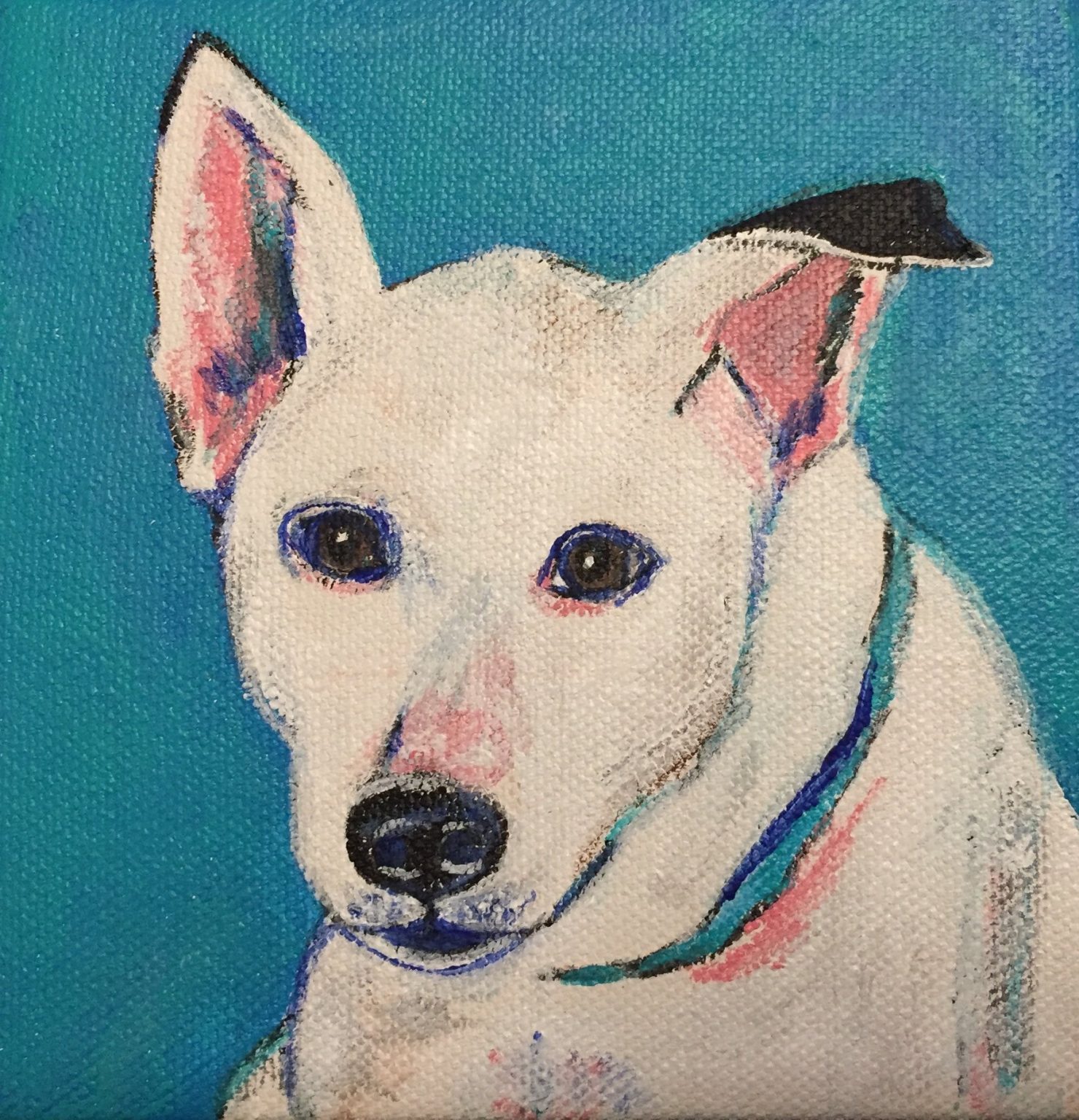 Gallery 5 - Painting of a White Pup with a blue collar on a blue background