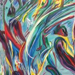 Gallery 10 - Abstract painting with blue background and saturated red and yellow lines