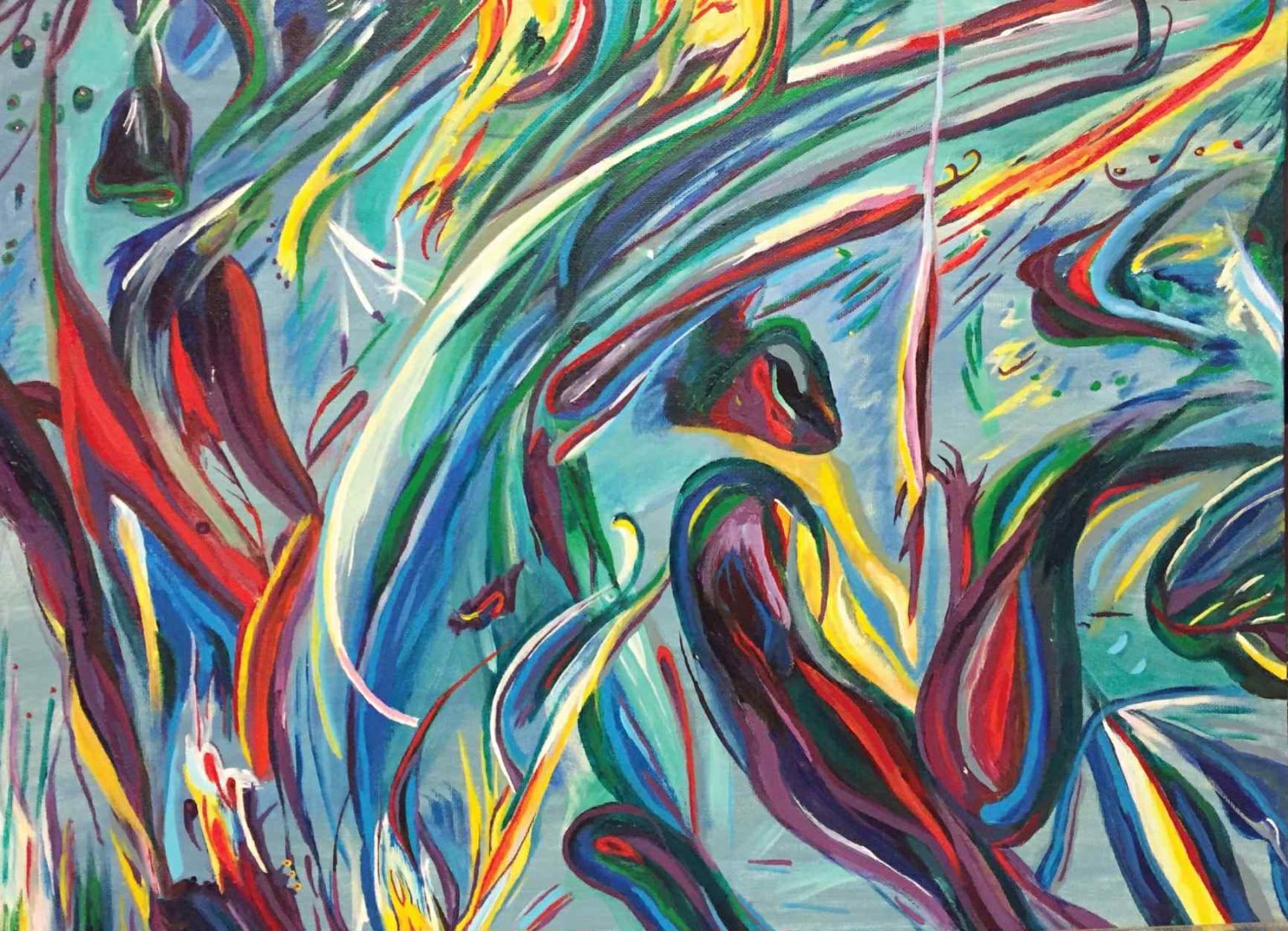 Gallery 10 - Abstract painting with blue background and saturated red and yellow lines