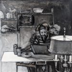 Gallery 10 - Black and white painting of a man by a laptop in the kitchen space with a lamp on the right side of the frame.