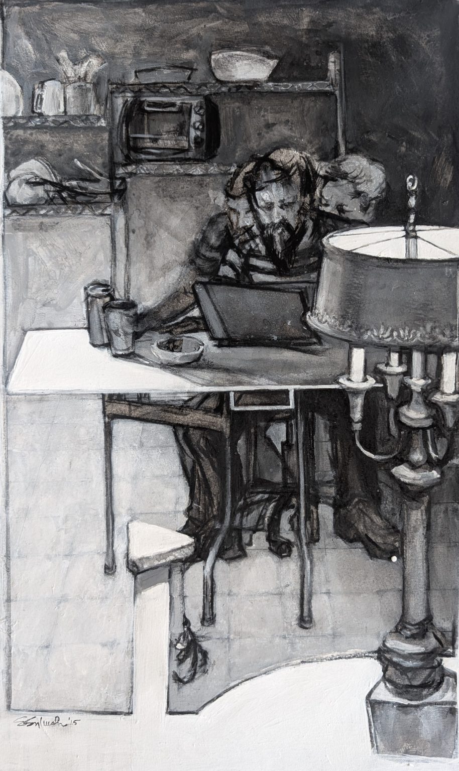 Gallery 10 - Black and white painting of a man by a laptop in the kitchen space with a lamp on the right side of the frame.
