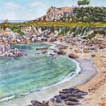 Gallery 1 - Watercolor painting of harbor seals resting on a beach. Blue/green water, rocks, cliff and tres.