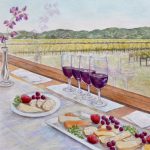 Gallery 2 - Watercolor painting of red wine, cheese & fruit plates on a table. Looking out to a vineyard.