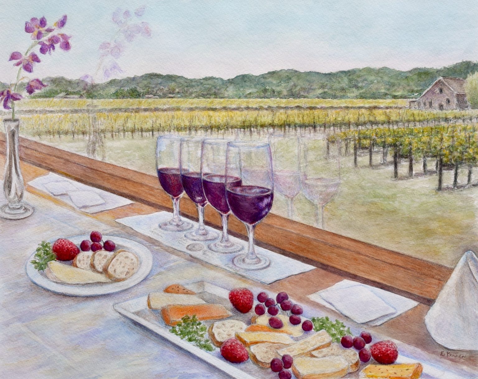 Gallery 2 - Watercolor painting of red wine, cheese & fruit plates on a table. Looking out to a vineyard.