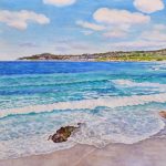 Gallery 3 - Watercolor painting of ocean waves and beach. Hills in the distance. Blue sky with white clouds.