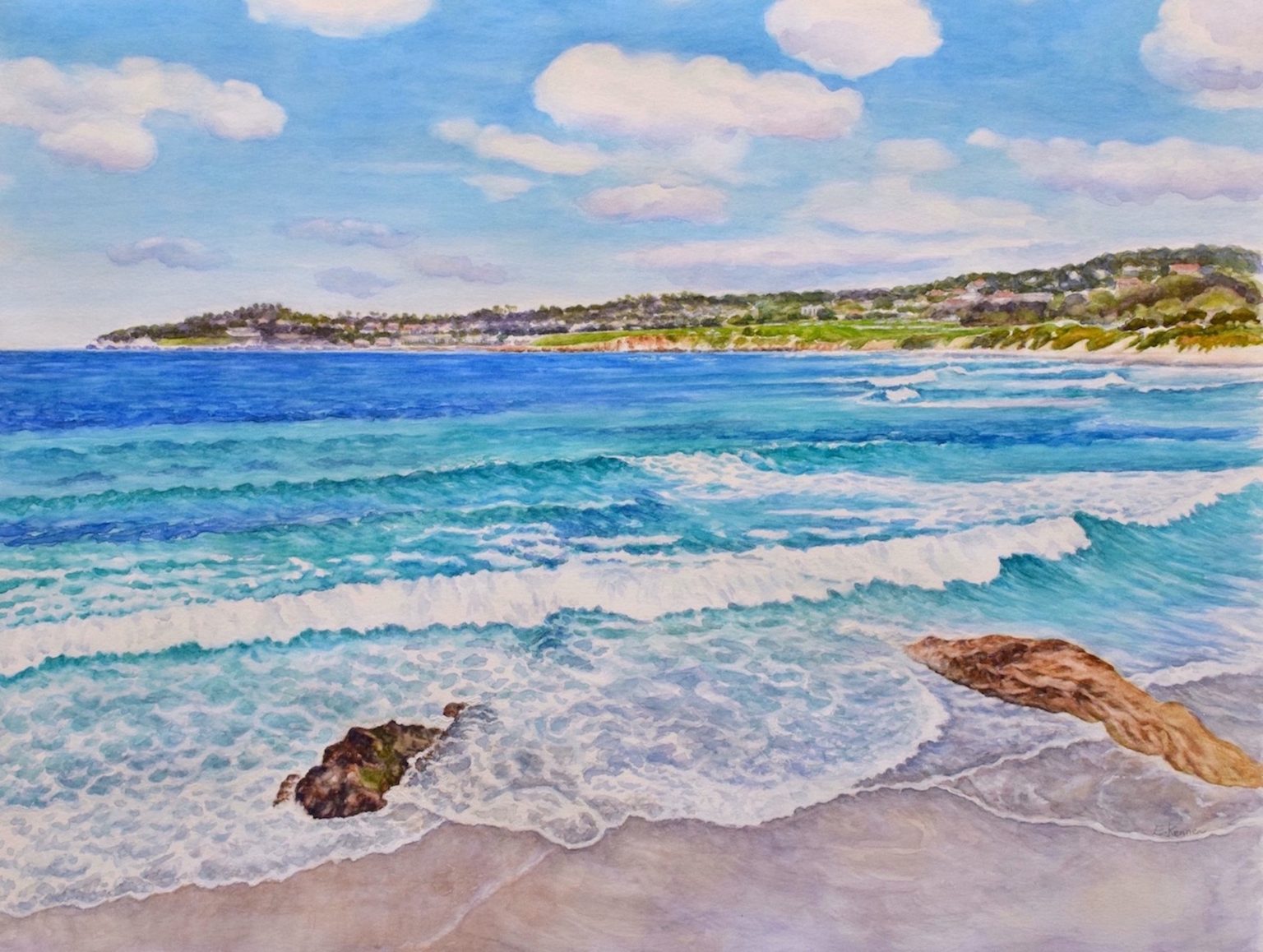 Gallery 3 - Watercolor painting of ocean waves and beach. Hills in the distance. Blue sky with white clouds.
