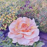 Gallery 5 - Watercolor painting of a peace rose in a garden. Petals of pink and peach. 