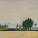 Gallery 1 - Midwest Farm and field A muted-color chalk pastel painting of a farm scene. A grey sky hangs over a tan field in the foreground, with a large, white barn with a dark roof and a few other smaller buildings in the middle ground. A line of sparse green trees is behind the buildings, and a bright green field sits to the left. The artist's powdery marks and the texture of the pastels are visible throughout.