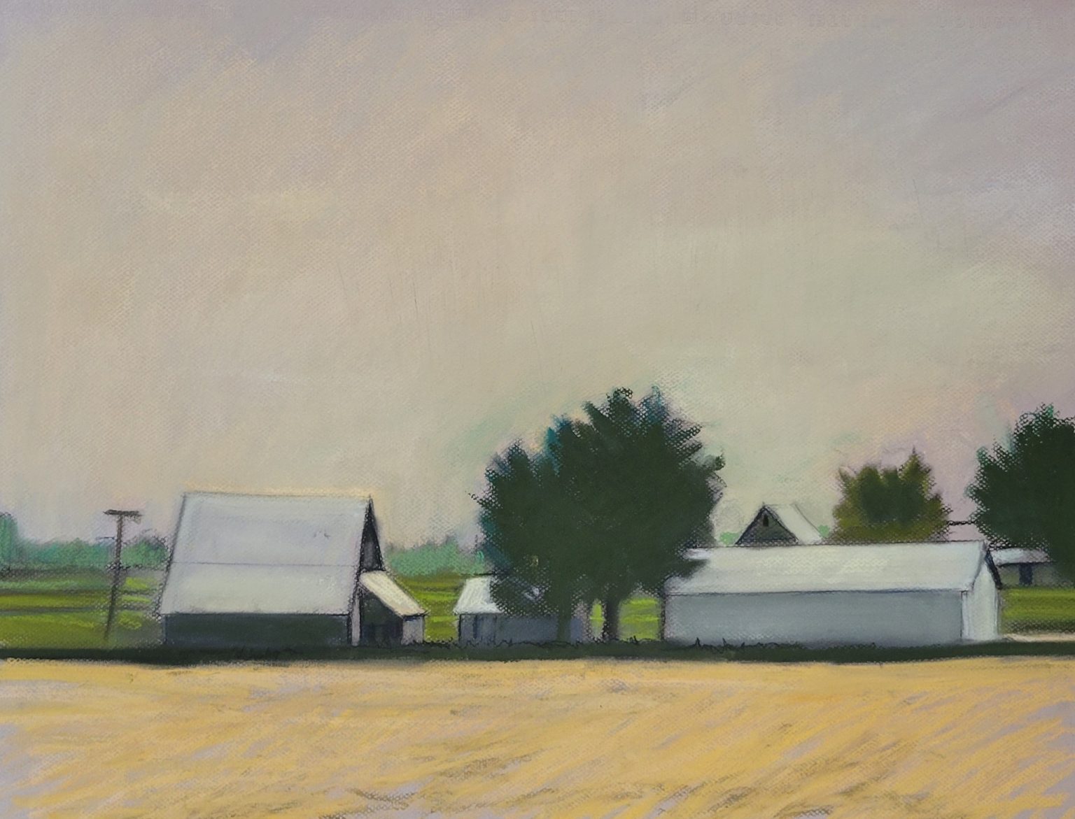 Gallery 1 - Midwest Farm and field A muted-color chalk pastel painting of a farm scene. A grey sky hangs over a tan field in the foreground, with a large, white barn with a dark roof and a few other smaller buildings in the middle ground. A line of sparse green trees is behind the buildings, and a bright green field sits to the left. The artist's powdery marks and the texture of the pastels are visible throughout.