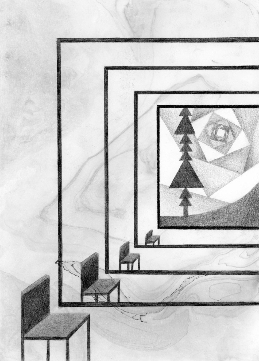 Gallery 1 - A graphite and colored pencil drawing of a village contained within the scalloped outline of a shell