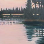 Gallery 6 - Sundown on lake. A horizontal landscape painting of a still lake reflecting a treeline at sunset. The left side of the lake is a soft, pale pink and white, reflecting the hazy sunset sky. The right side is a darker blue and green, reflecting a thick, dark treeline. The treeline is a mix of tall pine trees and shorter bushes, with small patches of bright yellow or orange light visible in the background. The water's surface is full of short, horizontal strokes, giving the impression of soft ripples.