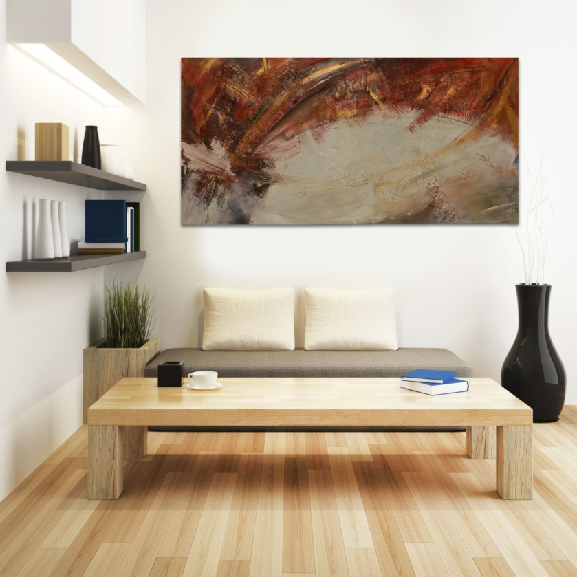Gallery 1 - Abstract painting above a neutral-toned sofa with a wooden coffee table.