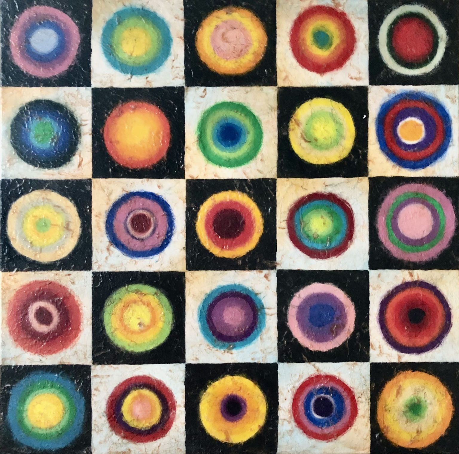 Gallery 1 - This is an abstract painting that features a grid of twenty-five circles arranged in a five-by-five pattern.