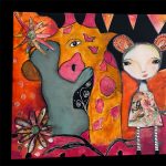 Gallery 1 - A colorful mixed-media painting features a wide-eyed girl with a bobble-head next to a large, stylized orange and pink animal and abstract floral elements.