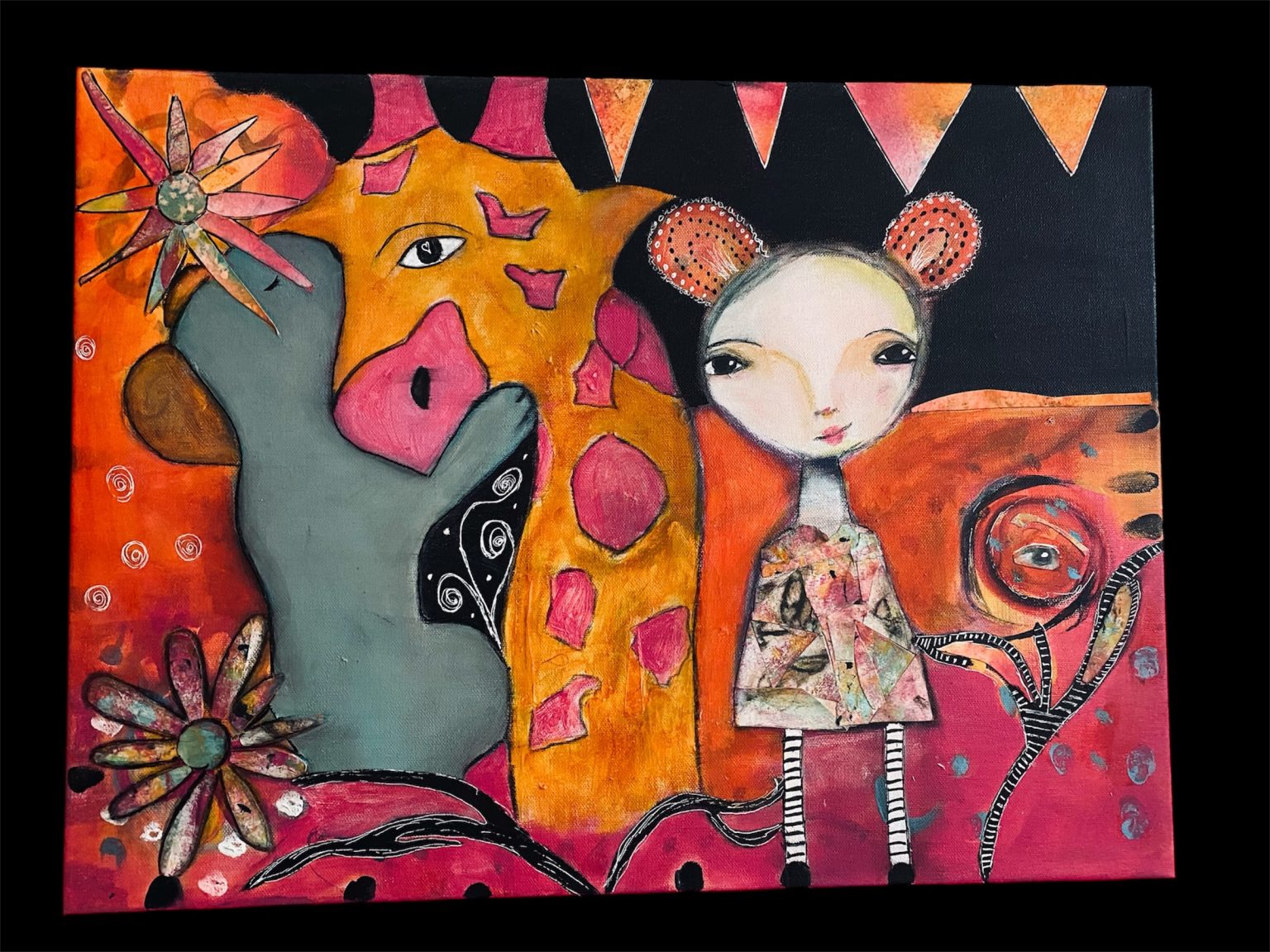 Gallery 1 - A colorful mixed-media painting features a wide-eyed girl with a bobble-head next to a large, stylized orange and pink animal and abstract floral elements.