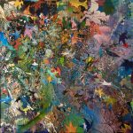 Gallery 1 - A close-up of a vibrant, heavily textured abstract painting or collage featuring a dense mix of colorful paint and cut-out shapes resembling autumn leaves. Mixed media on board, 32 x 30 x 2 inches