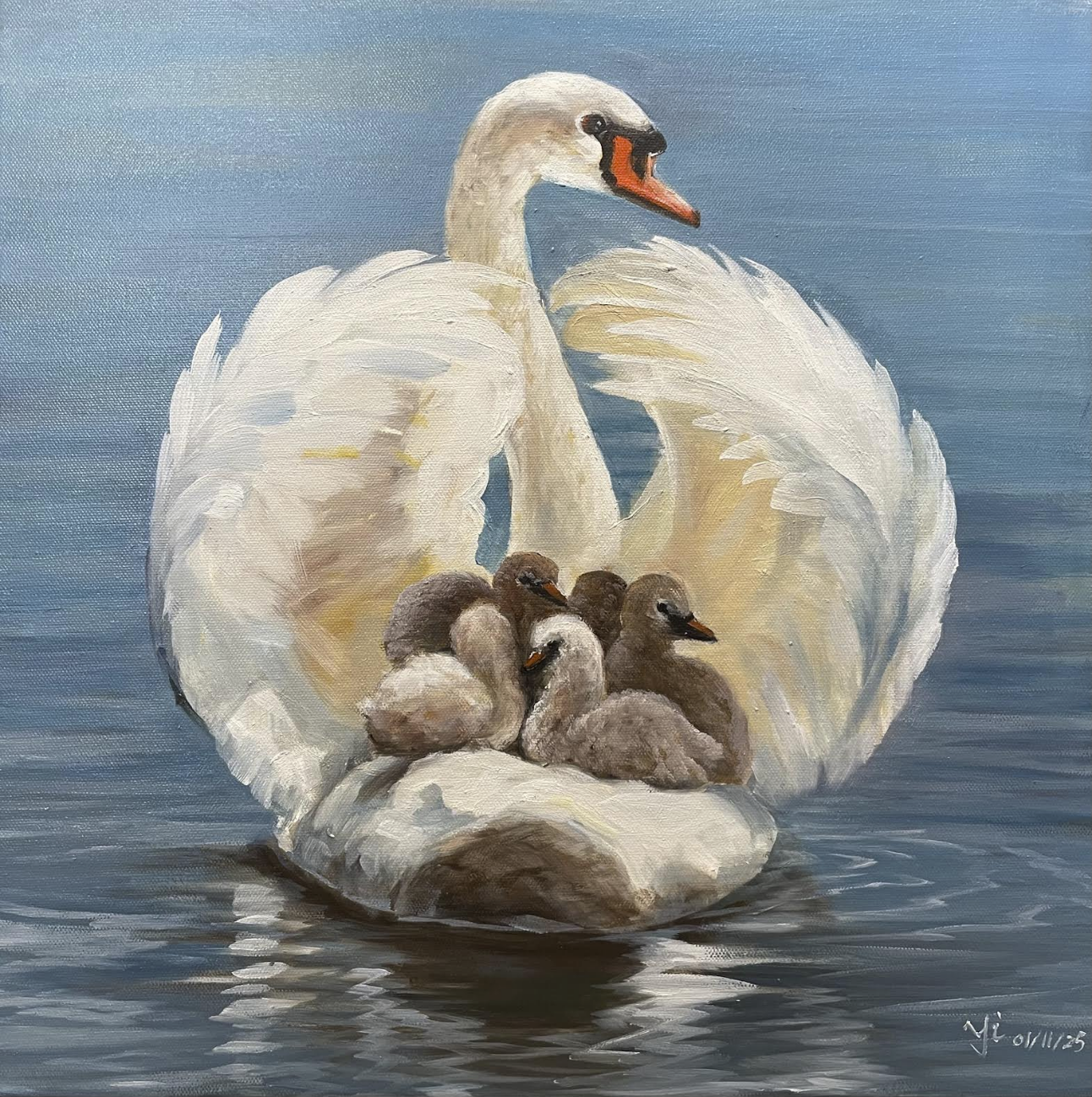 Gallery 1 - Oil painting of a swan with its wings spread, protecting four cygnets nestled on its back in the water.