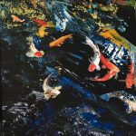Gallery 2 - A close-up of a vibrant, heavily textured abstract painting or collage featuring a dense mix of colorful paint and cut-out shapes resembling Fish. Acrylic on panel rn64 x 26 x 1.5 inches