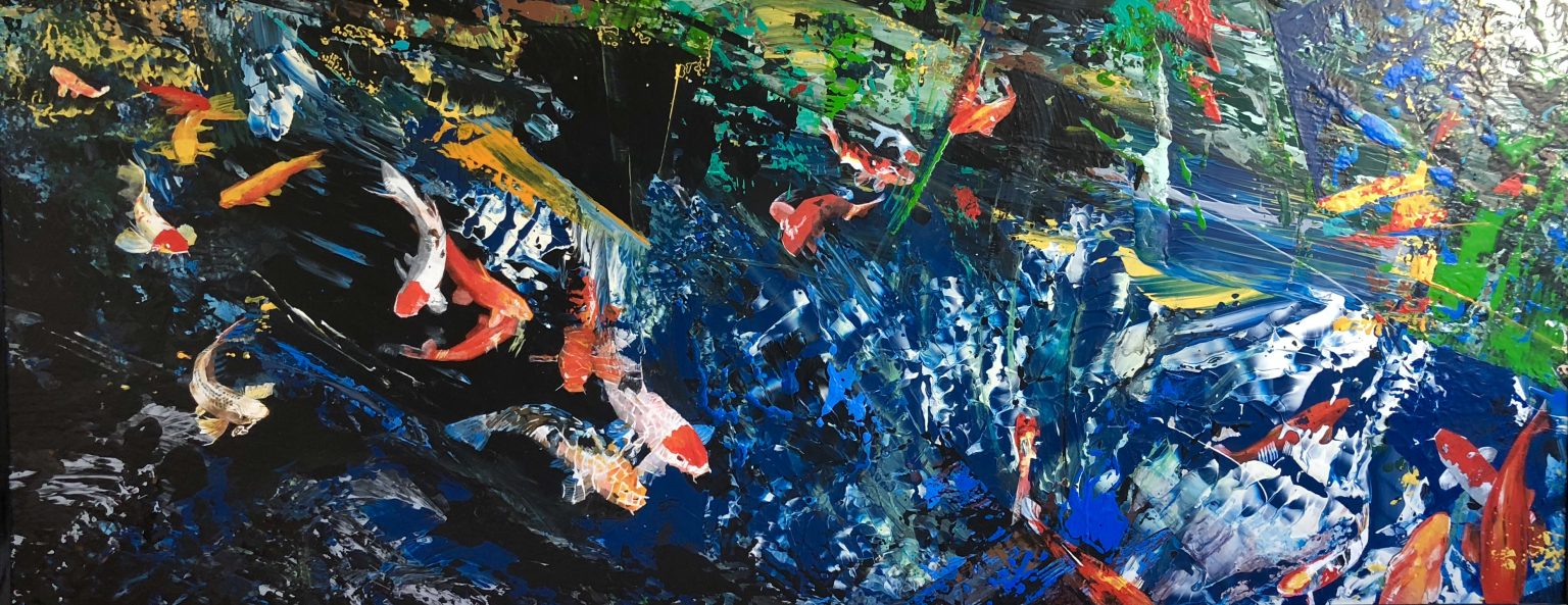 Gallery 2 - A close-up of a vibrant, heavily textured abstract painting or collage featuring a dense mix of colorful paint and cut-out shapes resembling Fish. Acrylic on panel rn64 x 26 x 1.5 inches