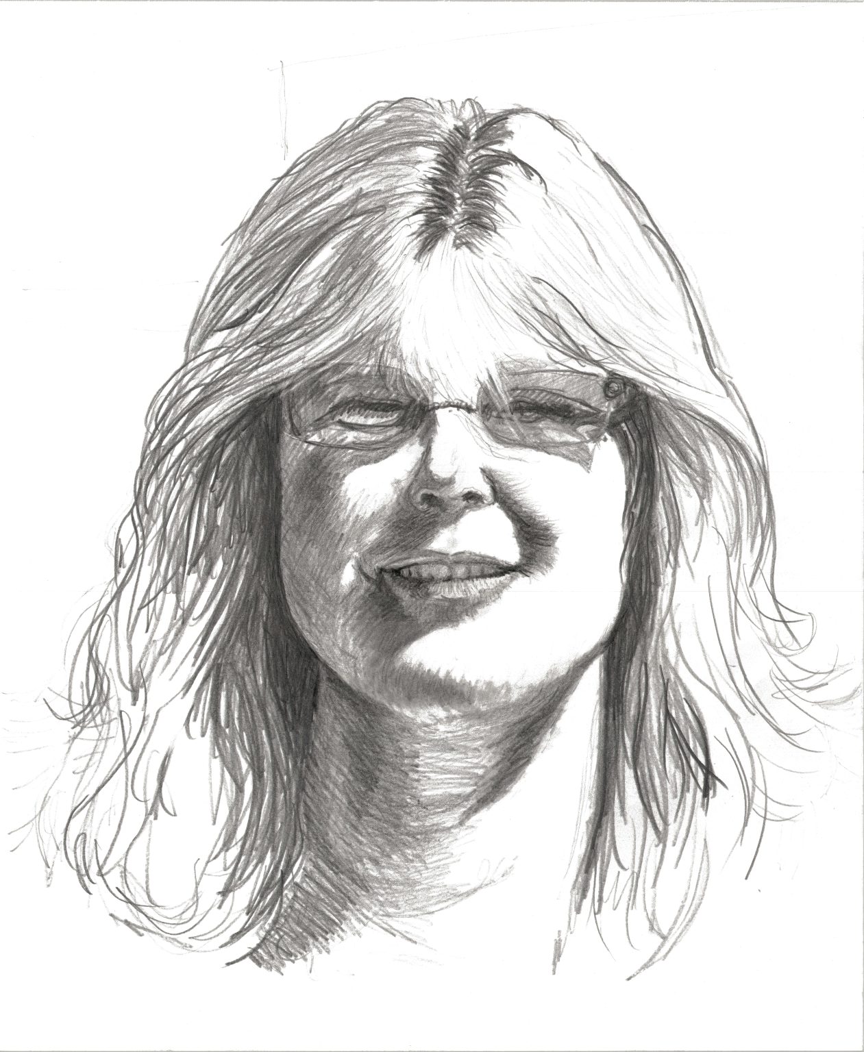 Gallery 2 - A detailed, black-and-white pencil sketch of a smiling woman with long, layered hair that falls over her forehead. She is wearing glasses and the drawing effectively uses shading to create a realistic sense of light and shadow on her face.