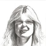 Gallery 2 - A detailed, black-and-white pencil sketch of a smiling woman with long, layered hair that falls over her forehead. She is wearing glasses and the drawing effectively uses shading to create a realistic sense of light and shadow on her face.