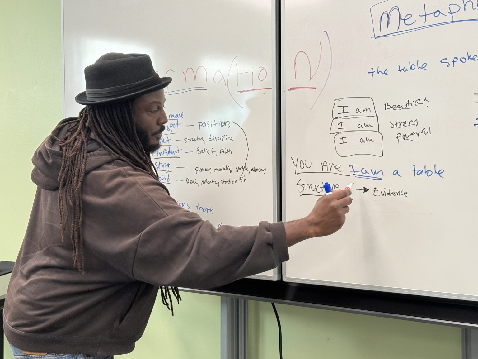 Gallery 2 - Donté Clark writing on a whiteboard during a “Poetry Series Program” workshop at Juvenile Hall in Martinez.