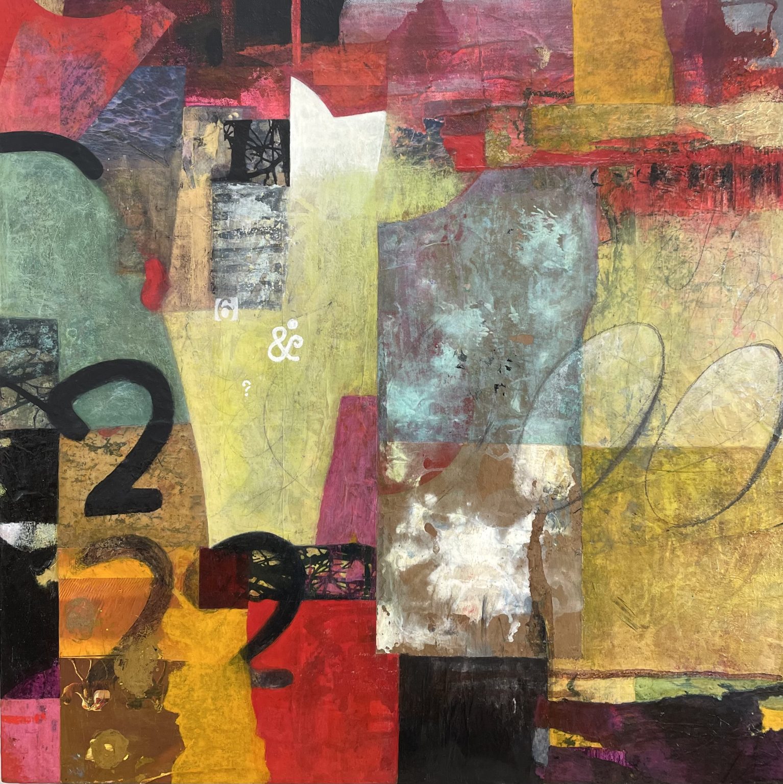 Gallery 2 - Graphic abstract image with red, yellows, black with the number 2s. 