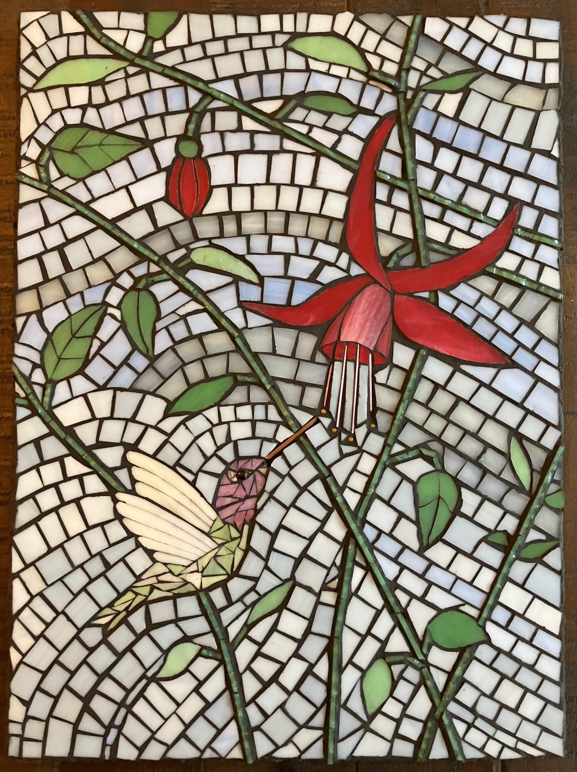 Gallery 2 - Hummingbird feeds at fuschia bloom, red, green, white glasses