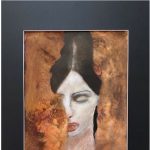 Gallery 2 - A portrait painting of a woman with closed eyes is partially obscured on the left by an abstract texture of warm, rusty browns and golds.