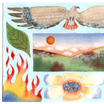 Gallery 2 - A folk art image of a hawk, leaves and fire below them