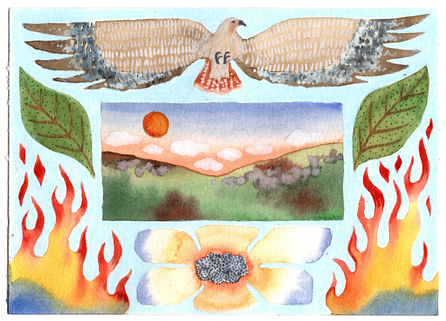 Gallery 2 - A folk art image of a hawk, leaves and fire below them