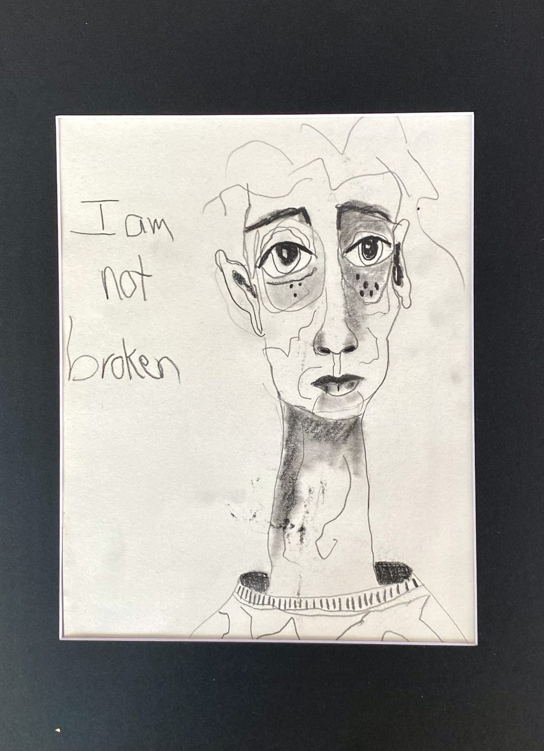 Gallery 3 - A graphite sketch on textured paper features a stylized, expressive face with large eyes and an elongated neck, with the handwritten text 