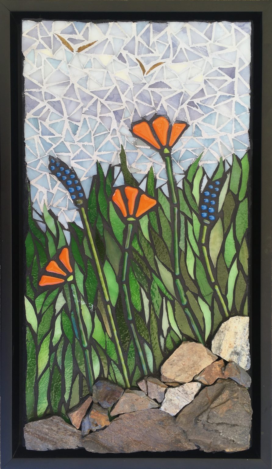 Gallery 3 - Orange poppies, blue lupine, and green grasses, with birds in sky