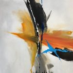 Gallery 4 - Vertical abstract painting with bold strokes of black, orange, yellow, and electric blue on a white background.