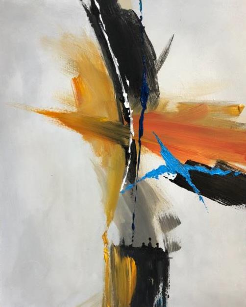 Gallery 4 - Vertical abstract painting with bold strokes of black, orange, yellow, and electric blue on a white background.