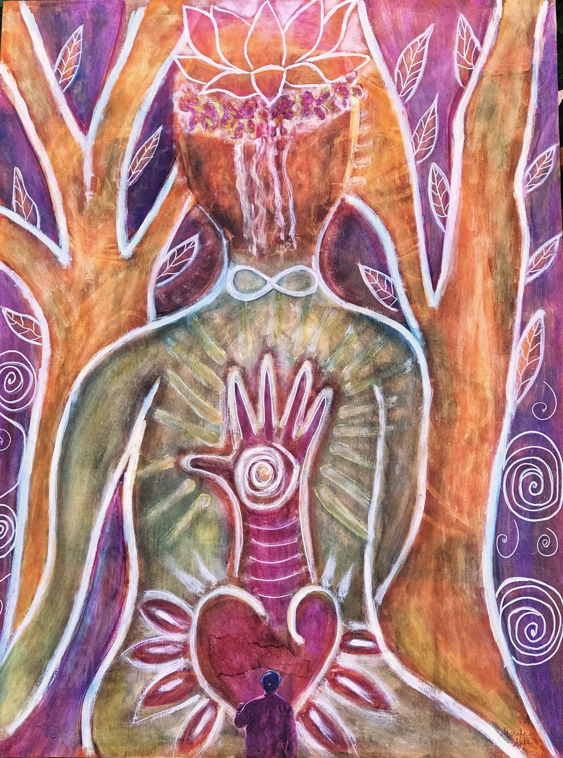 Gallery 4 - A colorful, spiritual painting depicts an androgynous figure standing between two stylized trees, with a lotus blossom emerging from the head and an infinity symbol at the neck. The chest is illuminated by a hand-shaped design over a large heart, and a small, silhouetted figure stands near the bottom edge.